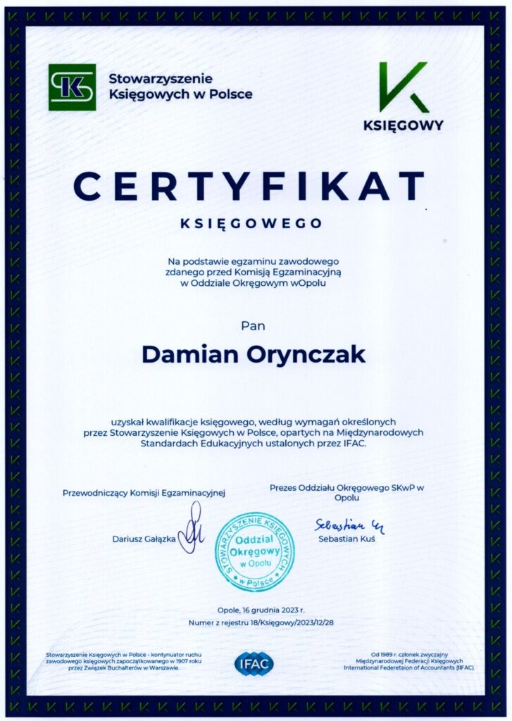 CERTYFIKAT KSIĘGOWEGO SKwP Certificate Mentoris Accounting Biuro Rachunkowe OPOLE
