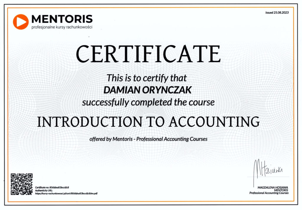 Certificate Mentoris Accounting Biuro Rachunkowe OPOLE